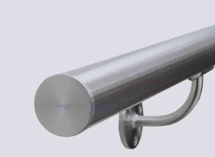 A stainless steel handrail on a white background.