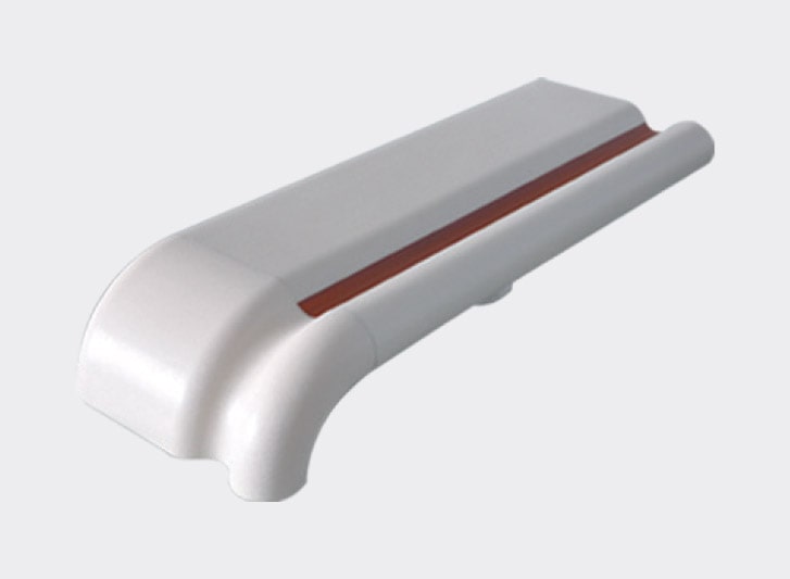 A white plastic handle on a white background, ideal for corner guards or handrails.
