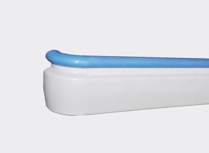 A white and blue toilet seat with a blue handle.