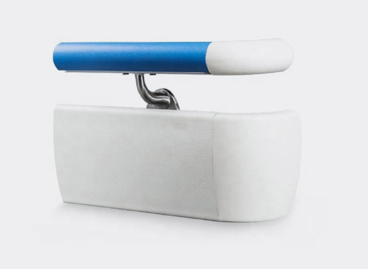 A white and blue object with a blue handle, made of PVC material.