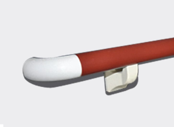 A red and white stair handrail with a white handle.