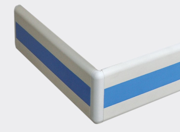 A blue and white stripe on a white surface, protected by PVC Wall guards.