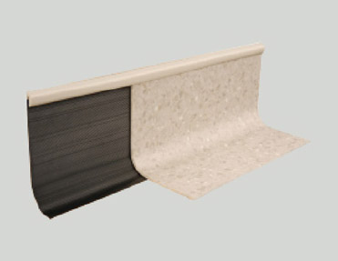 A black and white tile on a white background with aluminium skirting and pvc skirting.