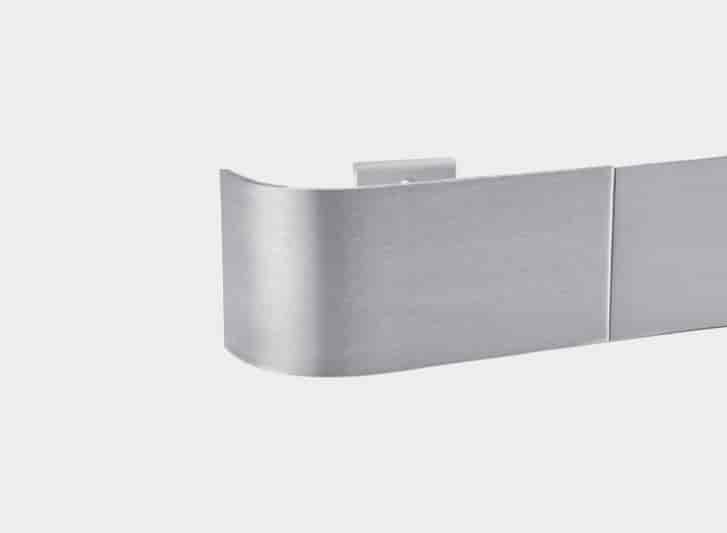 An image of a stainless steel metal shelf with a handle.
