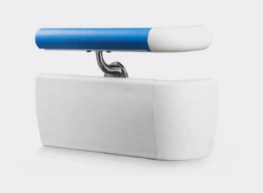 A white and blue toilet seat with a blue handle featuring PVC wall guards and handrails.