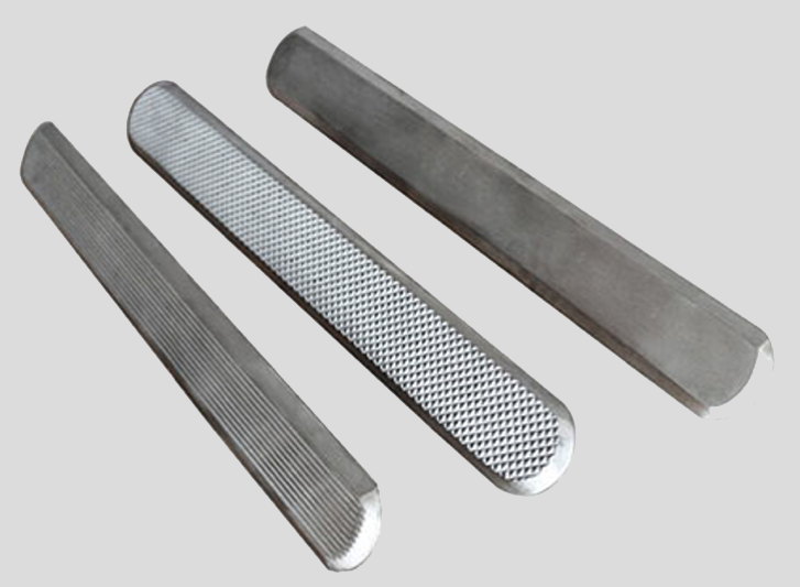 A pair of stainless steel door handles with a mesh pattern.
