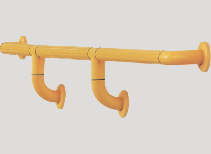 A yellow plastic bar with two handles on it, ideal for bathrooms for the aged.