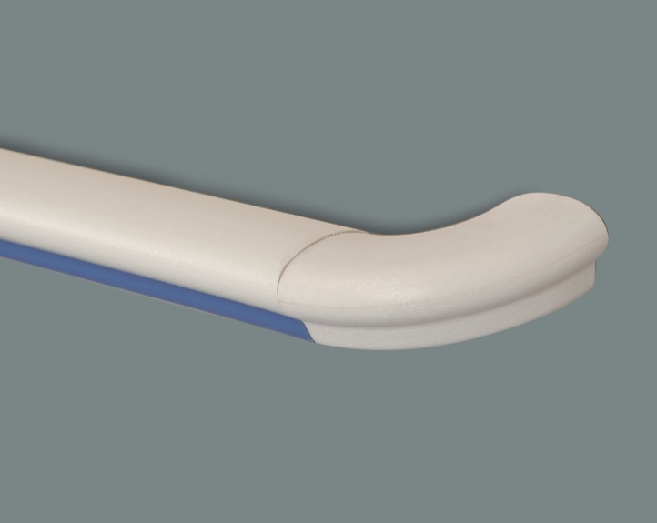 A white and blue PVC hand rail with a blue trim.