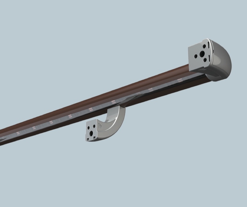 A metal rail with two holes and PVC handrails.