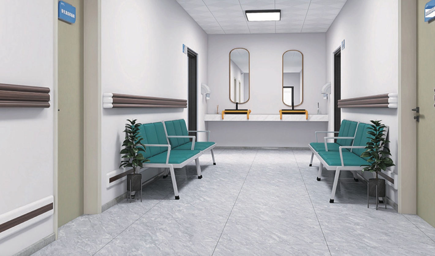 A 3d rendering of a hospital waiting room with PVC handrails for added safety.