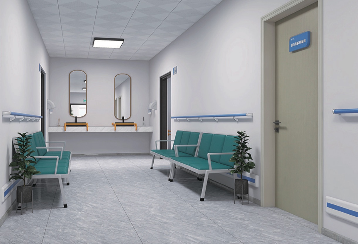 A 3D model of a hospital waiting room featuring PVC handrails.