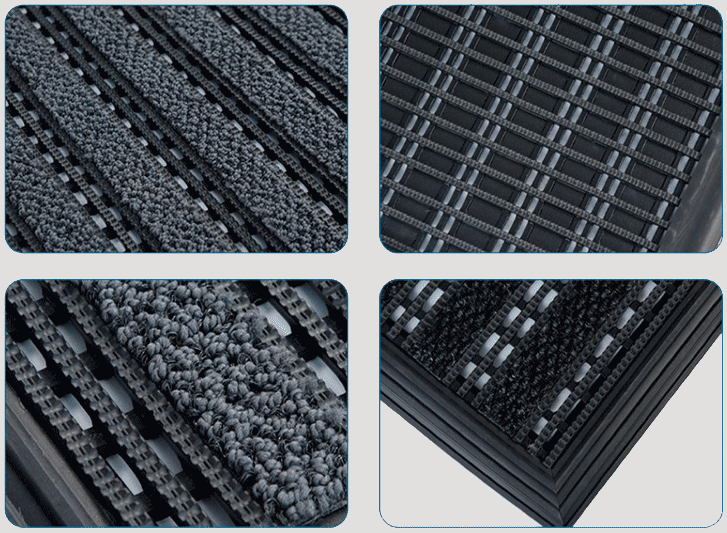 A series of photos showcasing a variety of rubber mats, including aluminium entrance mats and pvc entrance mats.