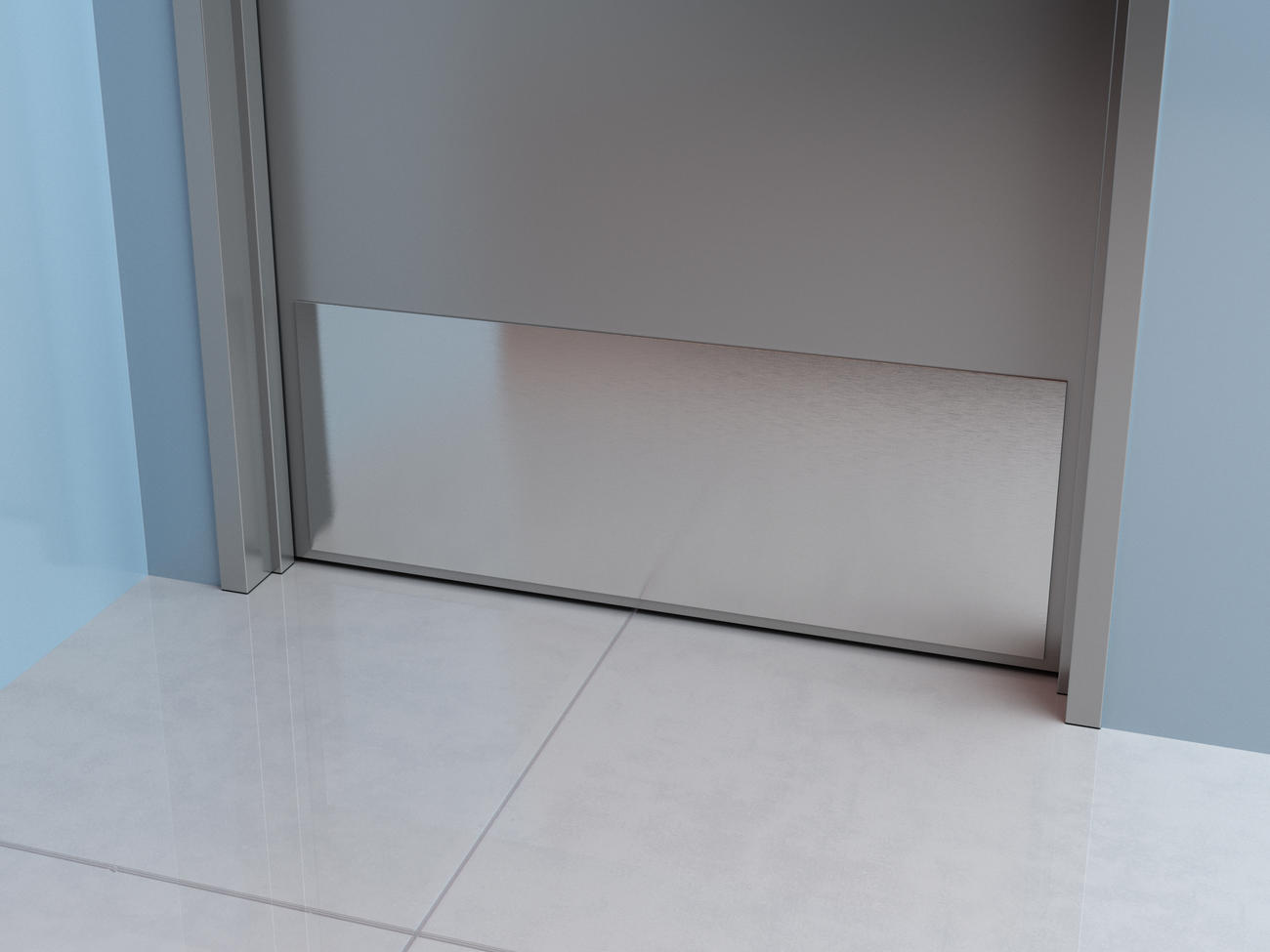 A bathroom door with a stainless steel corner guard.