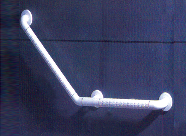 A white shower rail with a handle attached to it, suitable for aged individuals.